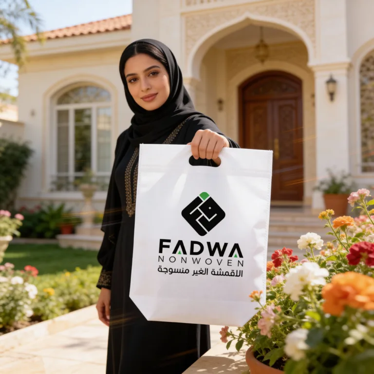 A woman wearing a black abaya and matching hijab holds out a premium white non-woven shopping bag with a D-cut handle, featuring the prominent black and green Fadwa Non Woven logo printed alongside its Arabic translation, set against a classic residential building backdrop.