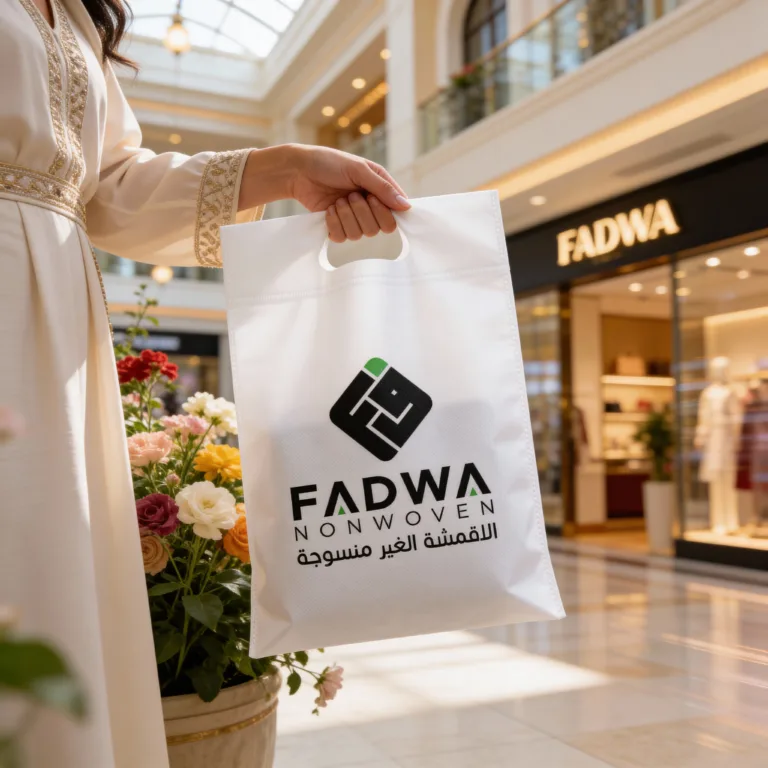 A close-up view of a person in an elegant cream-colored dress holding a premium white non-woven shopping bag with a D-cut handle and a green and black logo, standing outside a luxury "FADWA" storefront inside a brightly lit shopping mall.