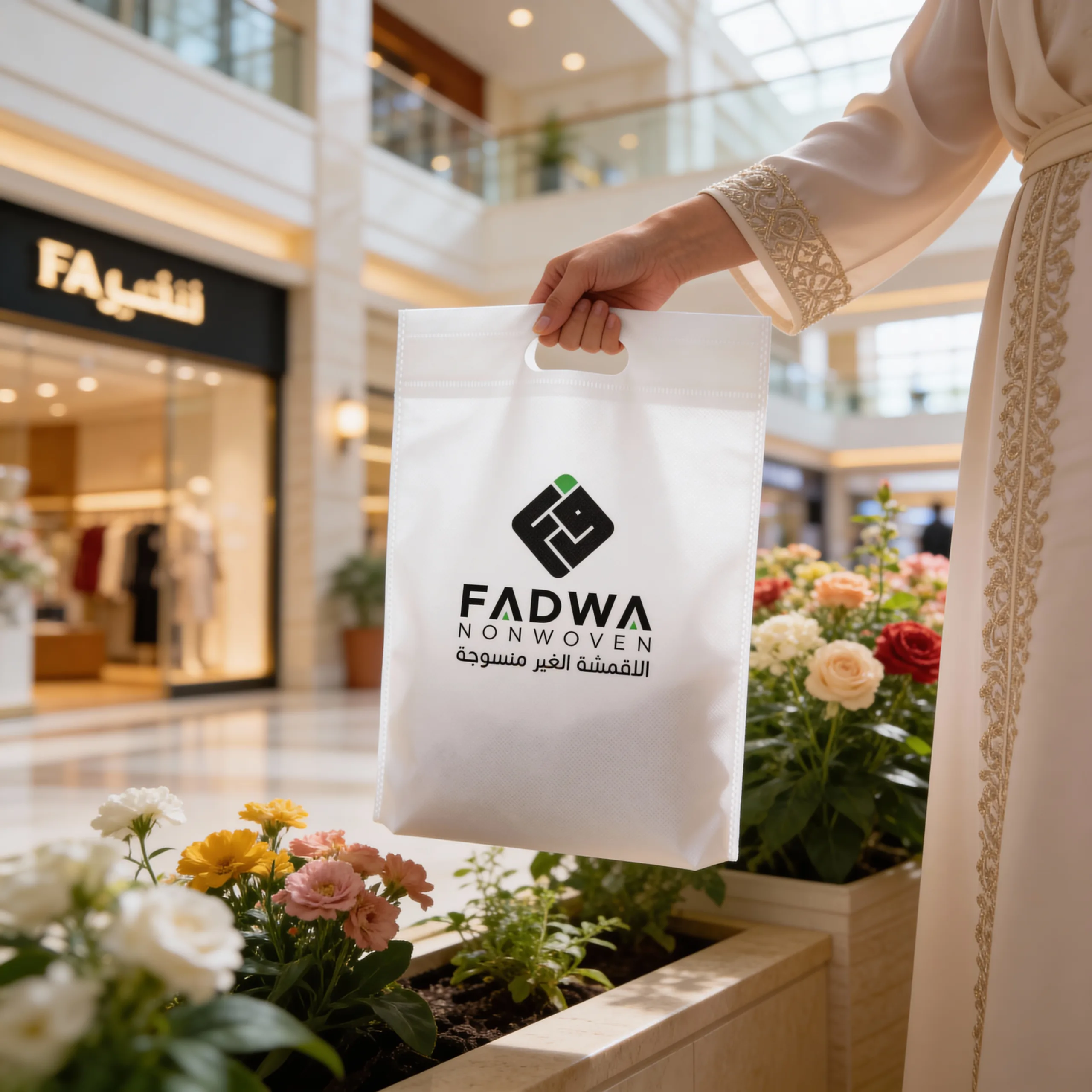 A close-up view of a woman wearing a traditional patterned dress carrying a white non-woven shopping bag with a D-cut handle, featuring the green and black Fadwa corporate logo, set against a luxuriously designed indoor lobby.