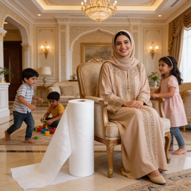 A smiling woman in an elegant cream hijab and traditional attire sits with two young children in a luxuriously designed Middle Eastern living room featuring high arches, a grand crystal chandelier, and warm ambient lighting.