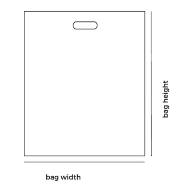 A clean technical schematic diagram illustrating a flat non-woven D-cut bag, featuring clear dimensional guidelines indicating the precise measurements for both bag width and bag height.
