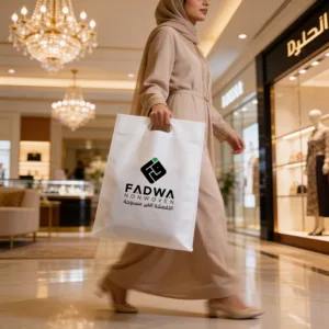 A woman wearing an elegant beige hijab and traditional attire carries a premium white non-woven D-cut shopping bag featuring the black and green Fadwa corporate logo, walking through a luxuriously lit interior with a grand crystal chandelier.