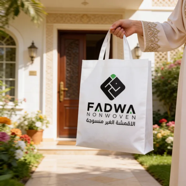 A woman holding a white non-woven side gusset shopping bag with secure loop handles, featuring the black and green Fadwa corporate logo, with an outdoor residential background.