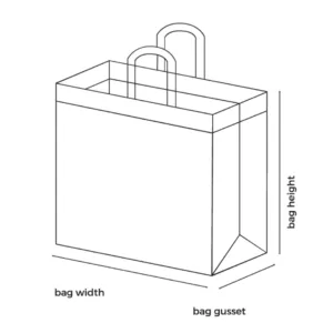 A schematic technical diagram showing a 3D view of a non-woven box bag with clear labels indicating its bag width, bag height, and bag gusset measurements.