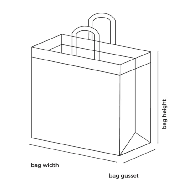 A schematic technical diagram showing a 3D view of a non-woven box bag with clear labels indicating its bag width, bag height, and bag gusset measurements.