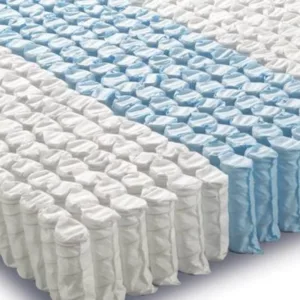 Rows of individual mattress pocket springs encased in white non-woven fabric, arranged together inside a manufacturing facility.