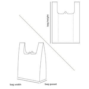 A schematic technical diagram of a white non-woven T-shirt bag (vest handle carrier bag), showing architectural dimension lines to measure the bag height from the bottom seam to the top of the handles.