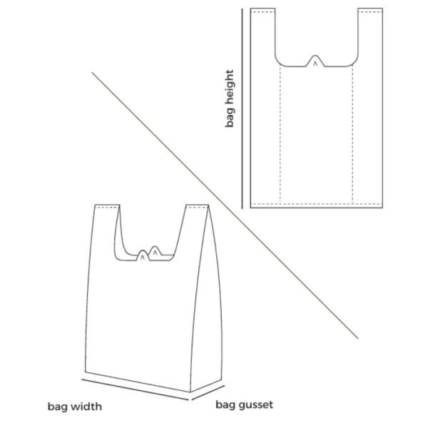 A schematic technical diagram of a white non-woven T-shirt bag (vest handle carrier bag), showing architectural dimension lines to measure the bag height from the bottom seam to the top of the handles.