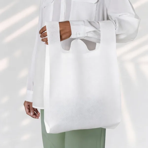 A close-up photograph showcasing a white non-woven T-shirt shopping bag draped over a person's arm wearing a white long-sleeved dress shirt, highlighting the texture and handle loops of the fabric.